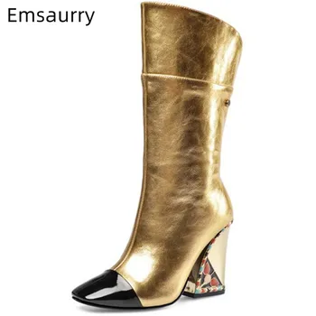 

Gold Mid Calf Boot Women 2020 Autumn Spring Patchwork Black Square Toe Party Bottes Chunky Square High Heel Boots Woman Female