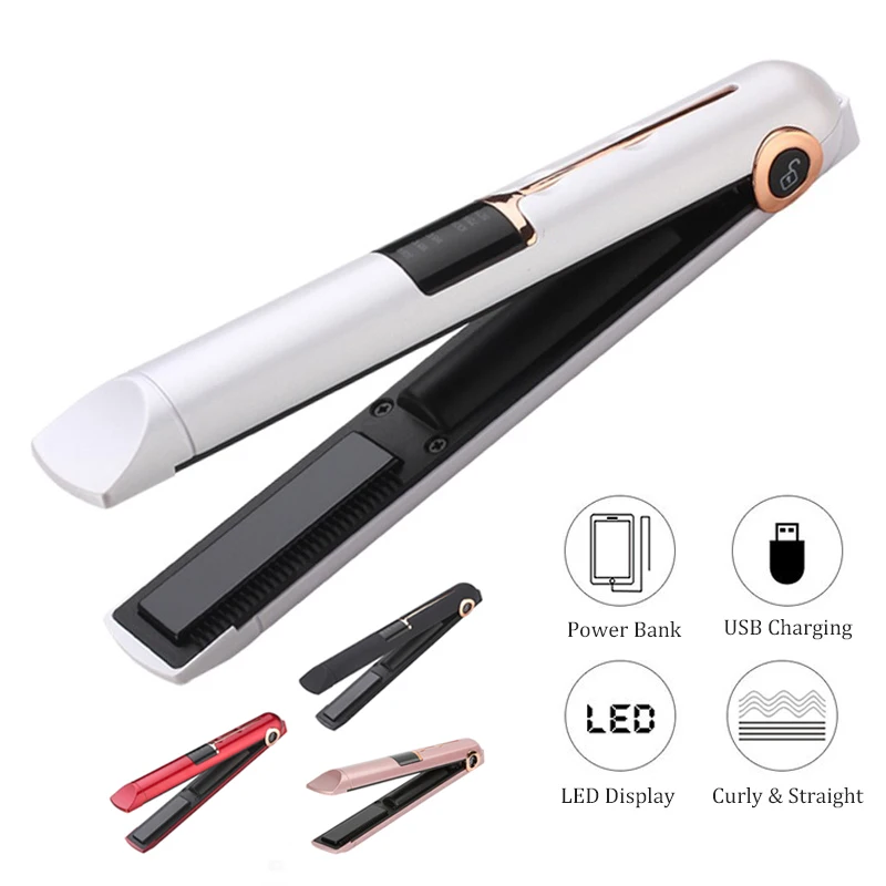 Portable USB Rechargeable Hair Straightener And Curler With Power Bank Travel Flat Hair Wand Wireless Straightening Curling Iron