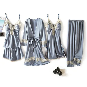 

Sexy Lady Pajamas Suit 5PCS Sleep Set Lace Homewear Bridal Wedding Gift Satin Silky Home Clothes Nightwear Kimono Robe Gown
