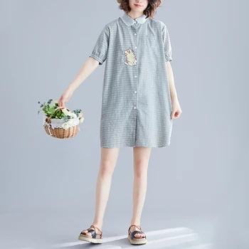 

COIGARSAM Shirt Womens tops New Short Sleeve Embroidery Loose Cotton Linen Peter pan Collar Women shirts Green Plaid 7088