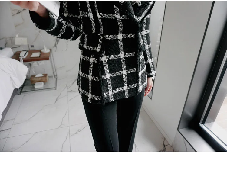 New Runway Autumn Fashion Plaid Tweed Jacket Coat Winter Women's Notched Collar Diamond Brooch Wool Blend Tassels Outerwear
