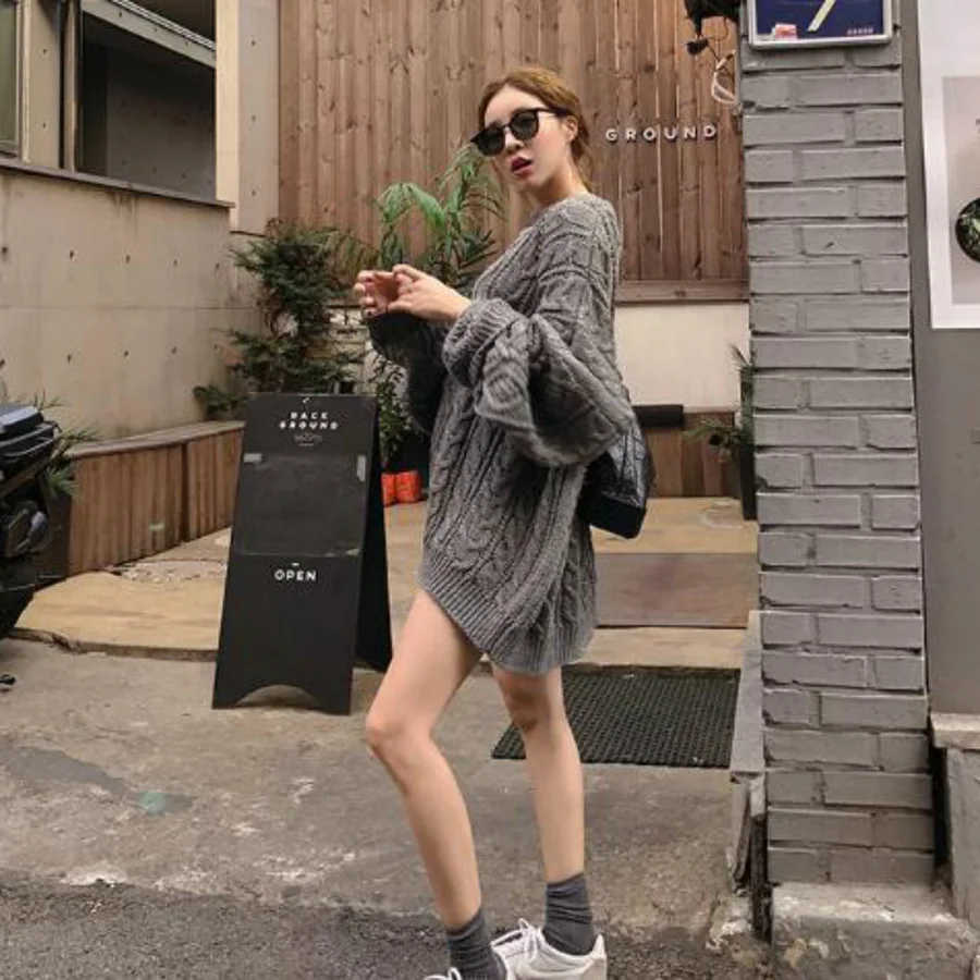 Harajuku Зимний милый элегантный свитер, вязаный пуловер для женщин, Корейская Повседневная Свободная уличная одежда с рукавами летучая мышь большого размера