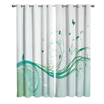 

Branch Leaf Butterfly Green Flower Abstract Art Beautiful Branch Kitchen Bedroom Curtain Panels With Grommets