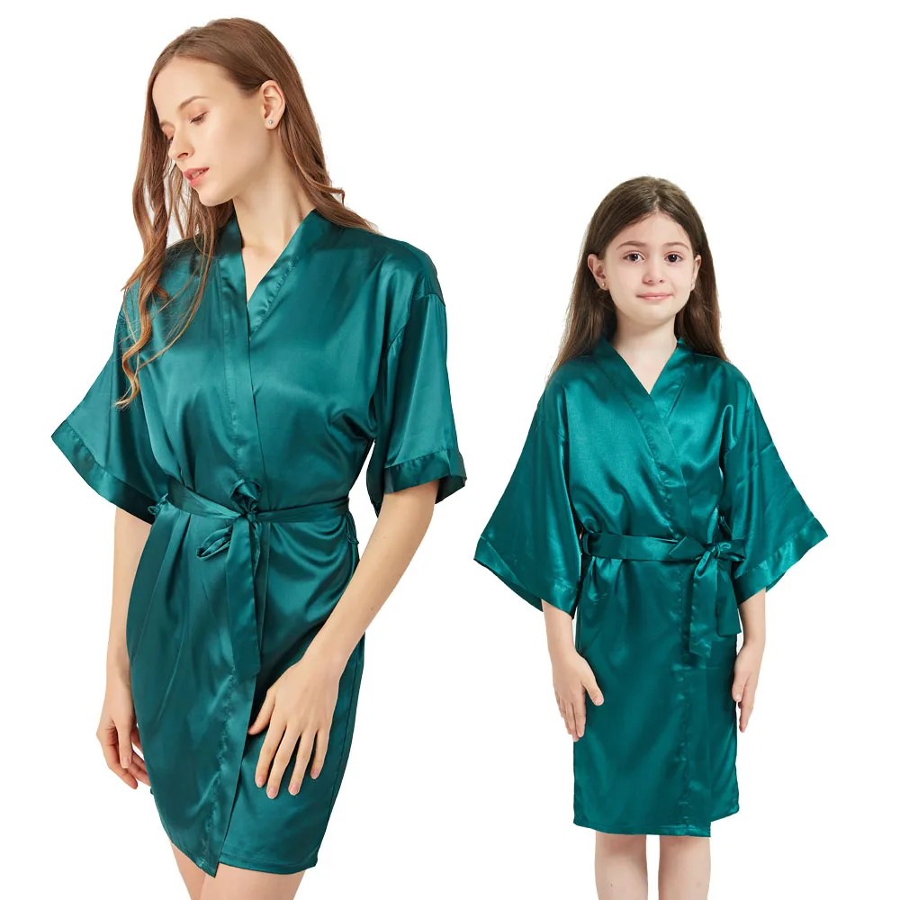 Kids Casual Homewear Summer Solid Family Robe Adult Girls Silk Satin