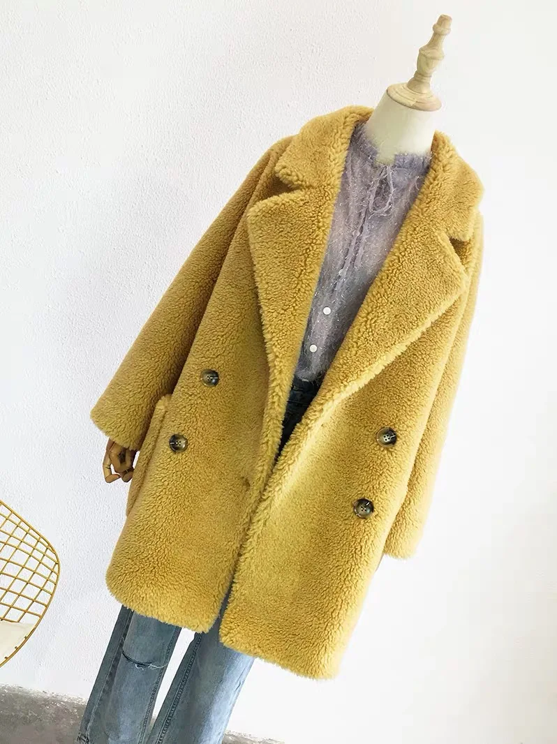 Пальто из искусственного меха для женщин, большие размеры, 30% натуральный овечий мех, плюшевое пальто для девочек, новинка, модное двубортное зимнее пальто для женщин - Цвет: Yellow