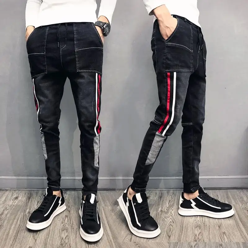 

Fashion Hi-street Mens Hip Hop Slim Fit Vintage Drawstring Pants Elastic Waist Patchwork Jeans Joggers Korean For Male