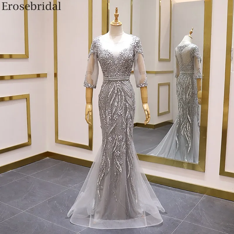 Женское вечернее платье Русалка Erosebridal серое Прозрачное с коротким рукавом и