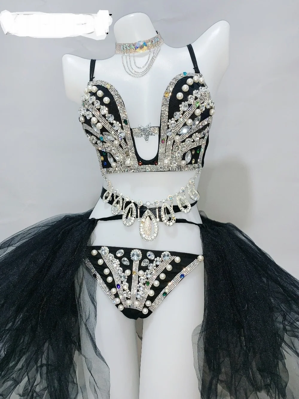 Серебряные Камни жемчуг бюстгальтер короткий черный сетчатый хвост комплект одежды женский день рождения Выпускной Вечеринка Одежда Женский танец шоу наряд с бикини комплект