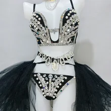 Серебряные Камни жемчуг бюстгальтер короткий черный сетчатый хвост комплект одежды женский день рождения Выпускной Вечеринка Одежда Женский танец шоу наряд с бикини комплект