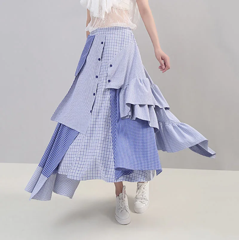 

SexeMara 2019 Autumn New Irregular Ruffles Splice Plaid Button Decoration Ankle-length Ladies Fashion A-line Skirt CSK04