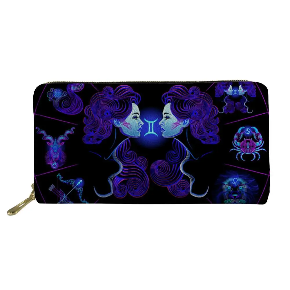 

Twelve Constellations Print Long PU Leather Wallets Woman Luxury Purse Girls Cool Dark Blue Money Coin Bag Card Holders 2019