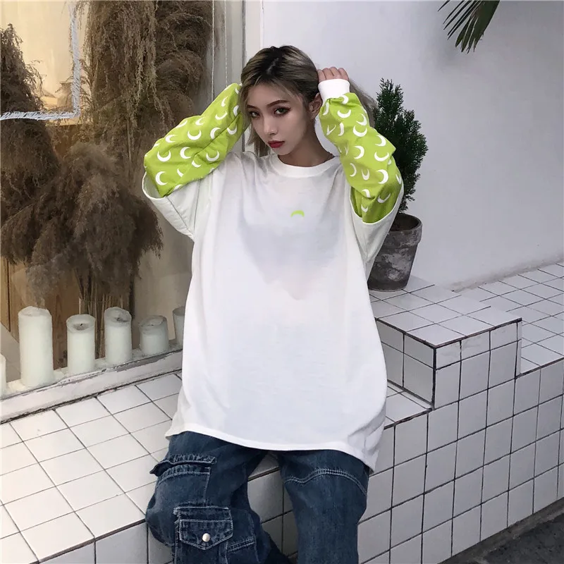 Harajuku поддельные два Сейлор Мун печати женские топы Ulzzang мода Повседневный свободный большой с длинным рукавом хип-хоп шик Толстовка