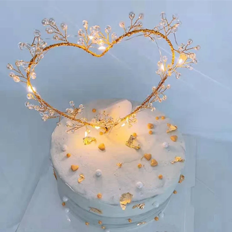 1PC Heart Shape Card Insert Love LED Pearl Cake Toppers Baby Happy Birthday Wedding Cupcakes Party Cake Decorating Tool