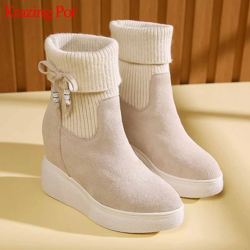 

krazing pot cow suede wedge platform increasing keep warm tender style extreme high heels stretch knitting mid-calf boots l25