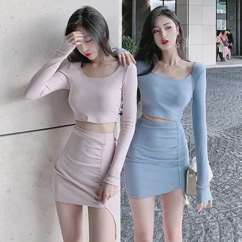 

Fashion Two Piece Set Autumn Sexy Clothes Suit O-neck Long-sleeved Exposure Navel Shirt + Irregular Skirt 2 Piece Set Women!
