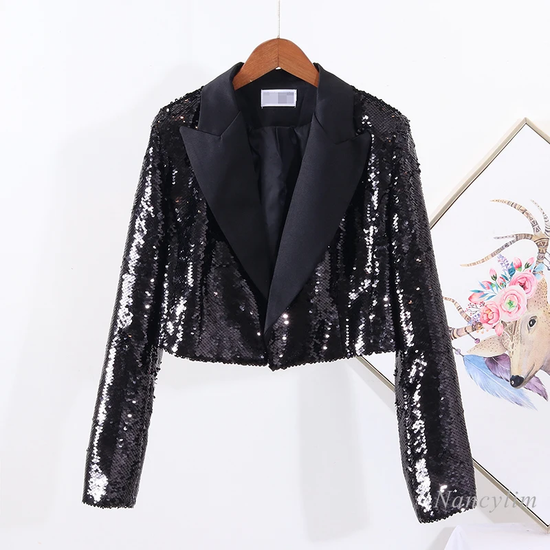 

2020 Autumn New Heavy Embroidery Sequins Short Black Blazer Women Slim Fit Suit Jacket Female Cropped Performance Coat