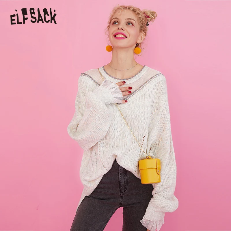 ELFSACK милые кружевные лоскутные женские свитера осень 2019 модные Лоскутные