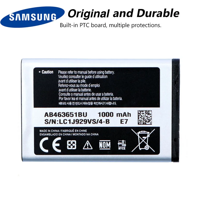 Оригинальный аккумулятор Samsung AB463651BC для J800 S3650 S7070 S5608 S3370 L700 C3222 B3410 W559 S5628 F339 960mAh |