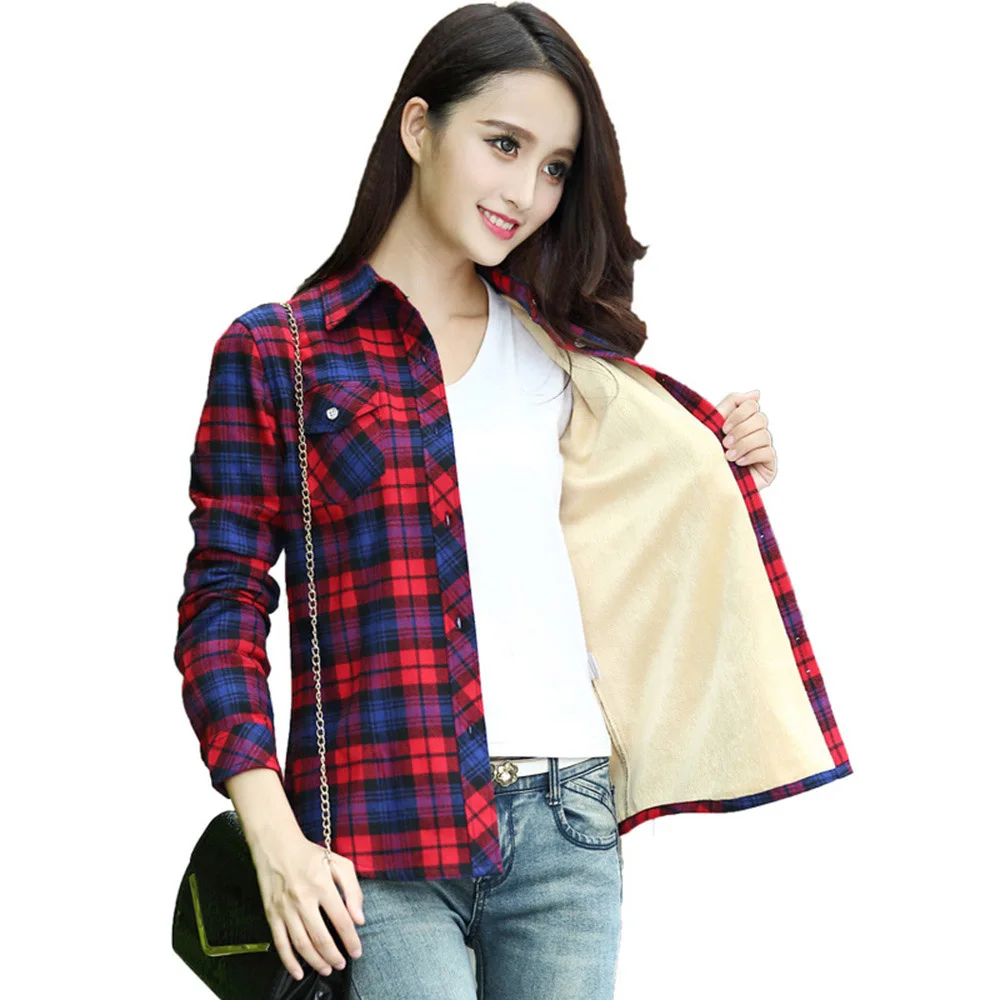 

Warm Shirt Plaid Casual Shirt Long Sleeve Women's Blouses Cotton Winter Fashion Casual Twin Chest Pockets High Quality Comfort