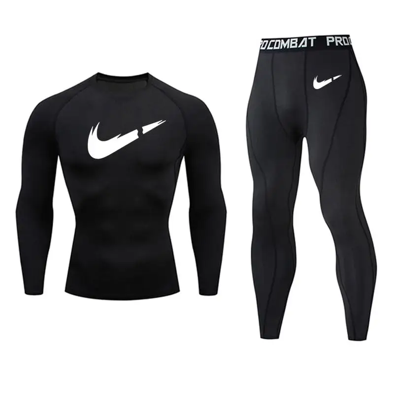 

Men's Brand Clothing Solid color logo Thermal Underwear Tracksuit set Fitness Shirt Men Leggings Rashgarda MMA quick drying