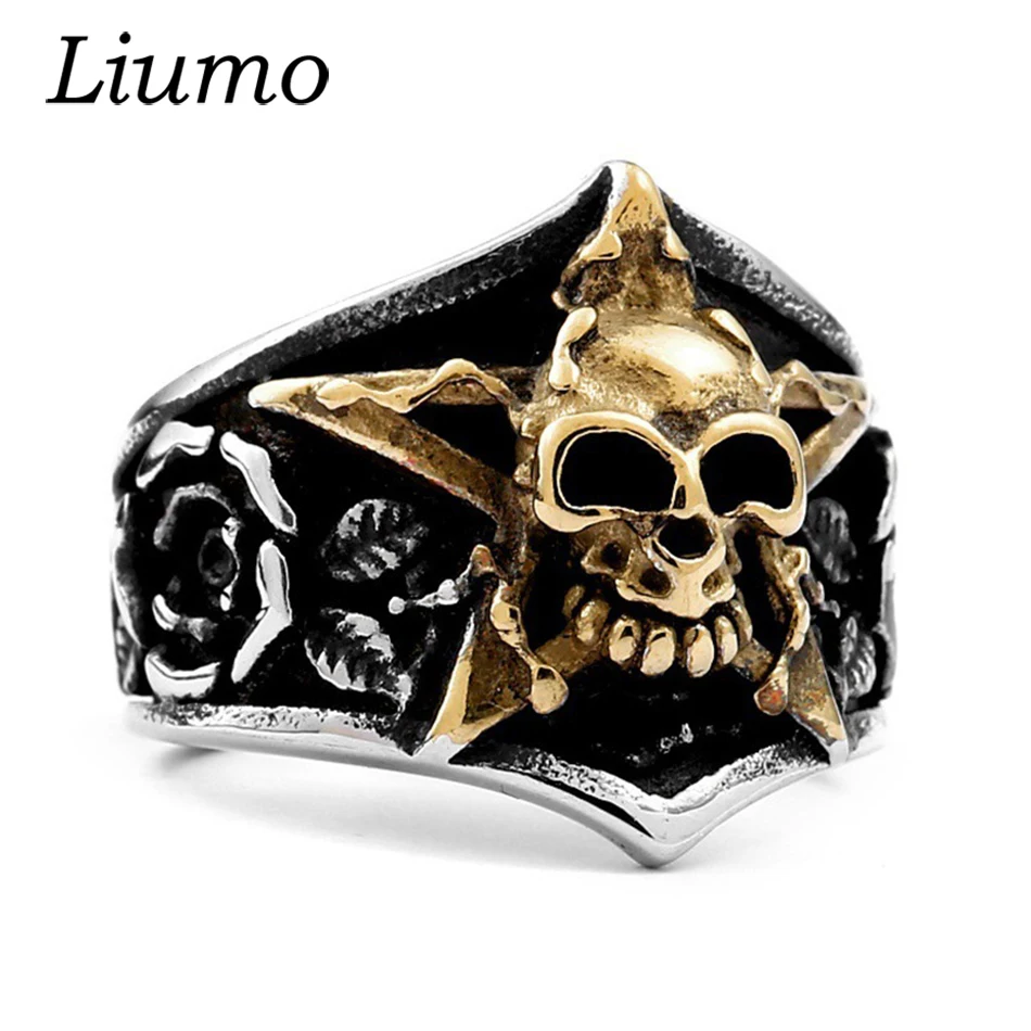 

Liumo Vintage Punk Style Gold Color Pentagram Five-pointed Star Skull Rose Man Alloy Biker Ring Lr1081