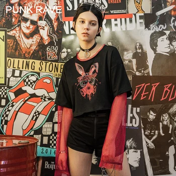 

PUNK RAVE Girl's Gothic Printed Loose Spring Summer Personality Mesh Stitching Fake Two Punk Short T-shirt Women