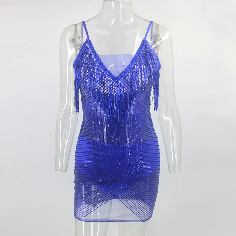Ceremokiss вечернее платье с пайетками, женские сексуальные кружевные мини-платья с кисточками, летние платья без рукавов с открытой спиной для ночного клуба, бодикон, Vestidos - Цвет: Blue