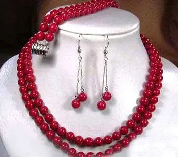 

2 Rows 6-7MM Japan Sea Red Coral Round Gems Beads Necklace Earrings Bracelet Set