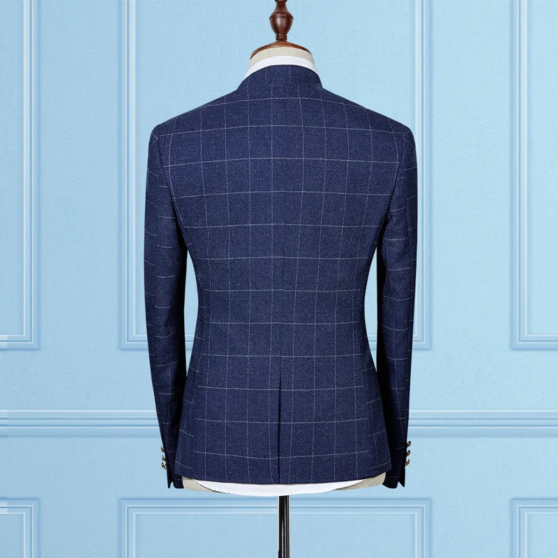 -MEN'S Suit Set Men's Plaid Stand Collar Suit Two-Piece Set Korean-style Slim Fit Youth Coat