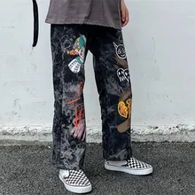 Pantalones vaqueros holgados para hombre y mujer, pantalón con estampado de grafiti Tie Dye negro, estilo Hip Hop, de algodón, 2021