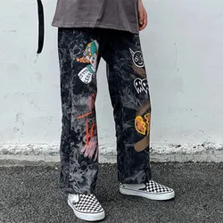Pantalones vaqueros holgados para hombre y mujer, pantalón con estampado de grafiti Tie Dye negro, estilo Hip Hop, de algodón, 2021