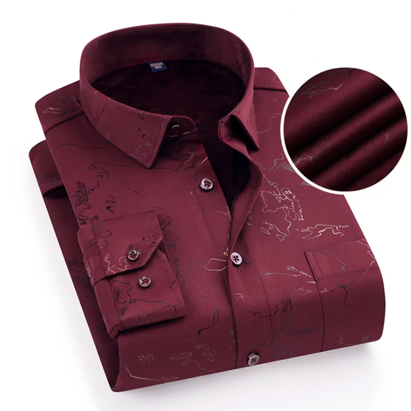 Зимняя горячая распродажа мужские фланелевые рубашки Camisa с длинным рукавом с добавлением шерсти, дышащая удобная облегающая ткань с принтом и отложным воротником - Цвет: red