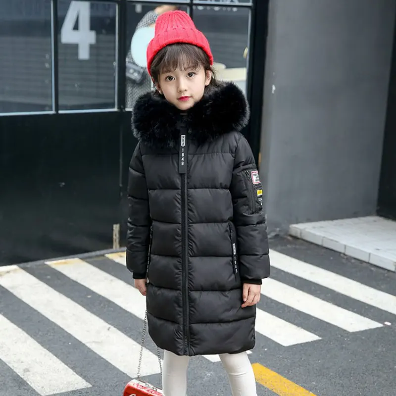 Зимний плотный теплый пуховик для девочек, новая длинная куртка в Корейском стиле, хлопковая одежда для учеников начальной школы, для детей возрастом от 4 до 15 лет - Цвет: black