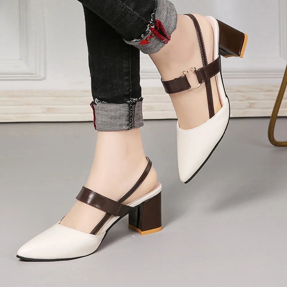 

Dropship New Promotion Price Chunky Heels Woman Shoes Women Summer Patchwork Elegant Pointed Toe Slingback Sandals Female