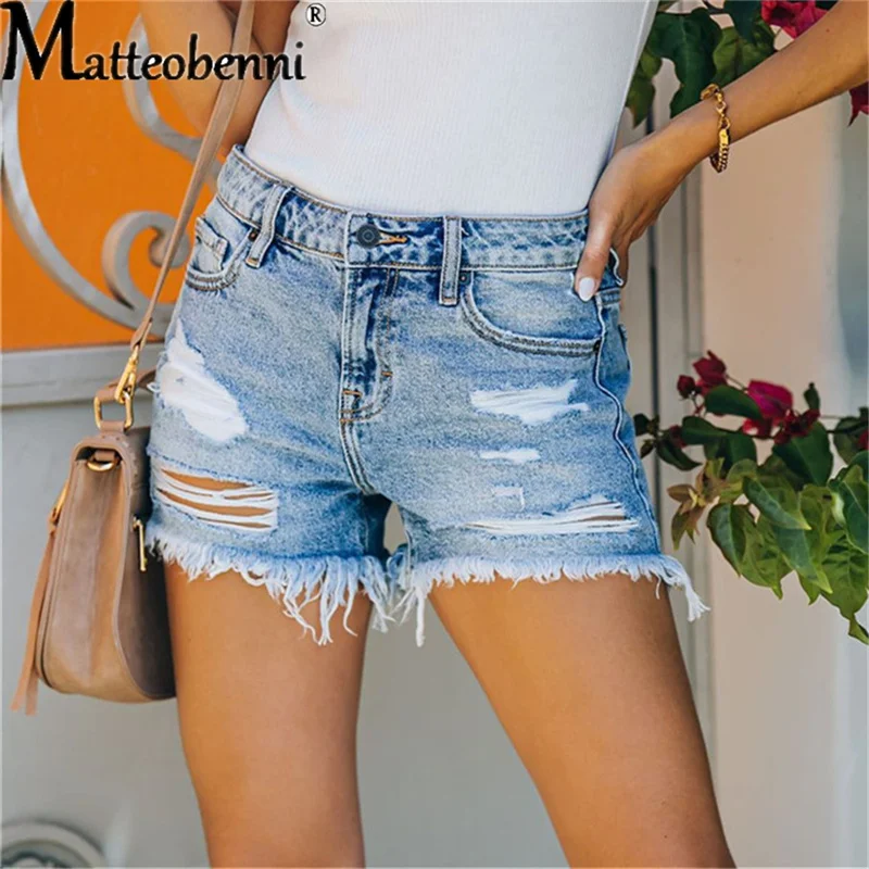 2021 Women Summer Fashion Ripped Tassel Straight Jean Shorts Washed Distressed Jeans Shorts Casual Zipper Street Denim Shorts