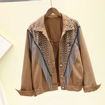 

[LANMREM] 2020 Spring New Full Sleeve Rivet Tassel Jacket Plus Size Women Trend Denim Coat Korea Loose Casual Outerwear Coats
