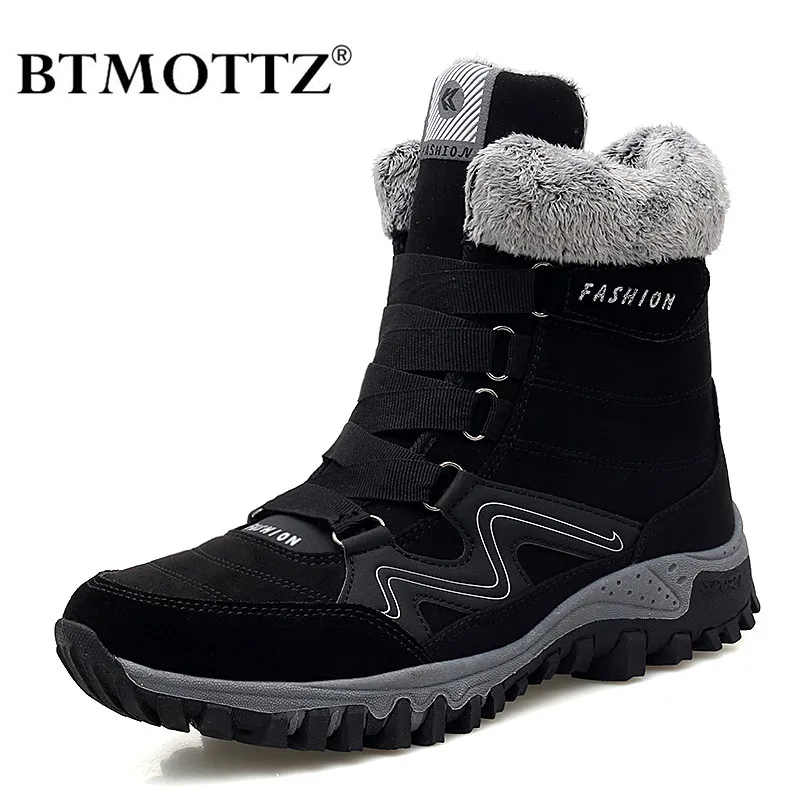 Leather Men Boots Winter with Fur Super Warm Snow Boots Men Winter Work Casual Shoes Sneakers High Top Rubber Ankle Female