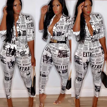 

Newest Spring Summer Women Tracksuit Outfit Newspaper Letter Print Blouses Shirts + Casual Pencil Pants Sets Plus Two Piece Set