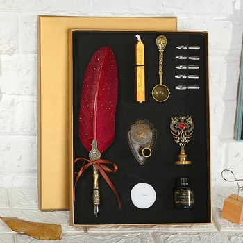 

Creative European Retro Style Carving Feather Pen Set Dip Feather Pen Set Calligraphy Pen Set Festival Birthday Present Box