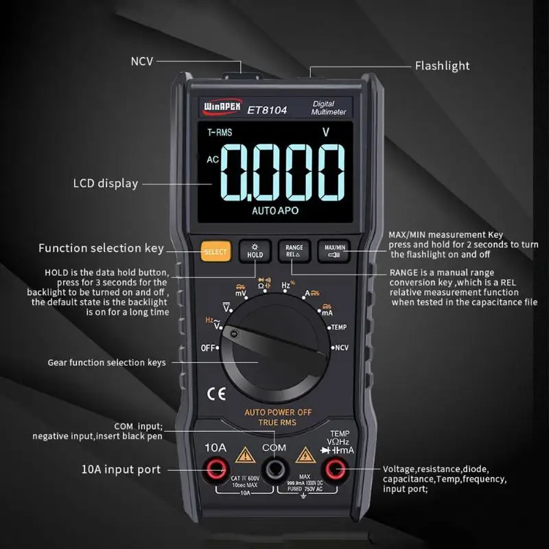 ET8104 3 9/10 цифровой мультиметр с ЖК-дисплеем измеритель напряжения тока Вольтметр 9999 бит Автоматическая полярность максимальный дисплей