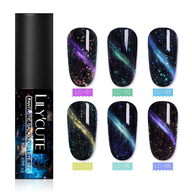 6PCS 4 LILYCUTE, 5 мл, Auroras, светящийся, кошачий глаз, УФ Гель-лак, светится в темноте, 3D Магнитный блеск, лак, впитывается, УФ светодиодный, гель для дизайна ногтей - Цвет: 6PCS 4
