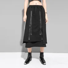 Женская уличная одежда, черная длинная юбка с высокой талией и лентой, Женская юбка в стиле хип-хоп, панк, готика, японское кимоно, юбки неправильного размера плюс