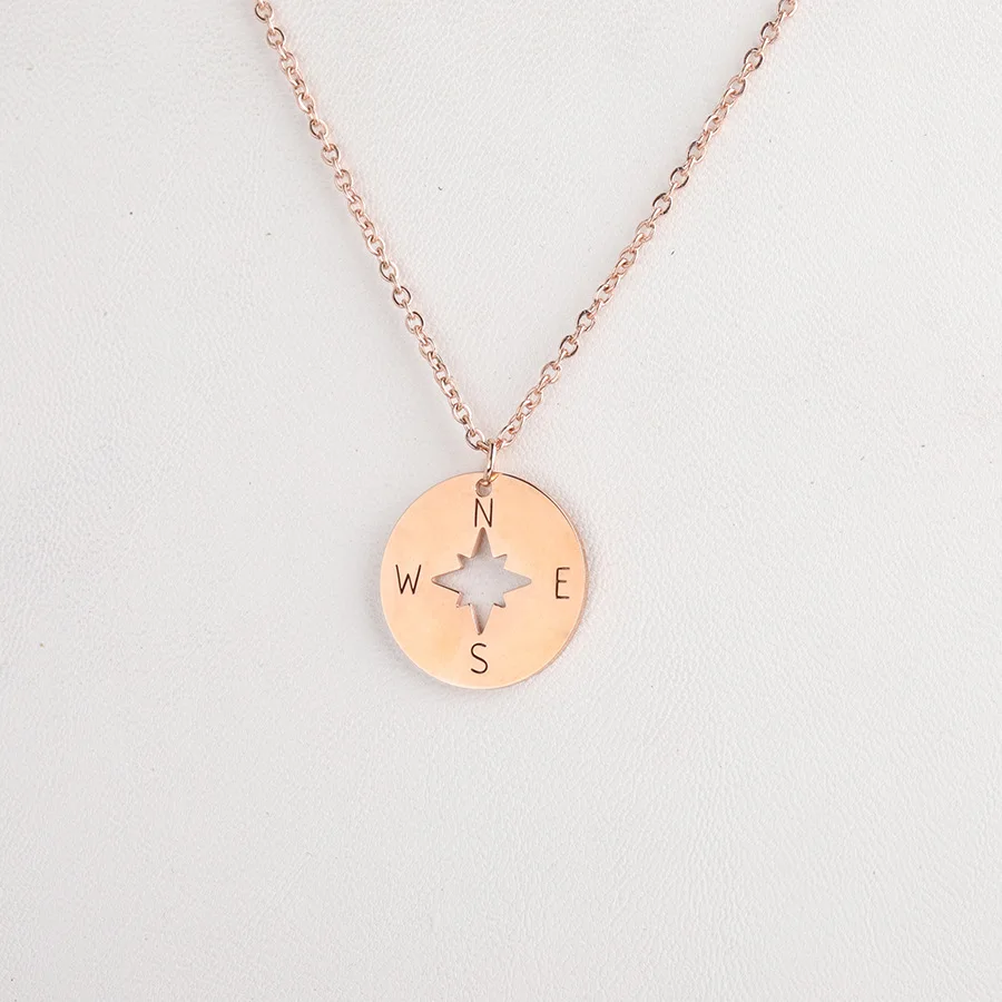 Stainless Steel Compass Necklace&Pendant For Women Pendant On Neck Clavicle Chain Round Jewelry - Окраска металла: Покрытие из розового золота