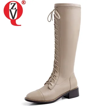 

ZVQ winter new casual knee high boots outside warm cross-tied mid heels square toe genuine leather zip women shoes drop shipping
