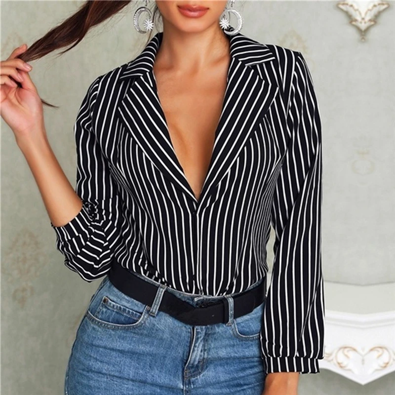 white blouse for women New Autumn Women Tops Female Fashion Striped Blouse Ladies Sexy Deep V-neck Shirts Slim Long Sleeve Blouse For Women womens shirts and blouses