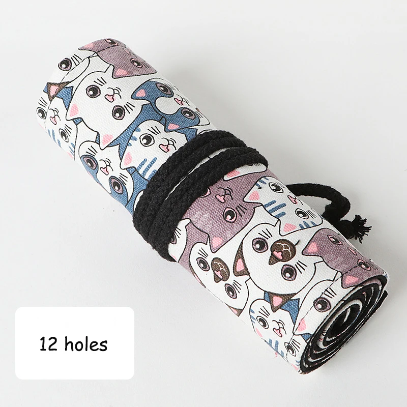12/24/36/48/72 Holes Pencil Case School Canvas Roll Pouch Makeup Kawaii Cat Pen Bag Storage Pens Box Stationery Supplies Student - Color: 12 holes without pen