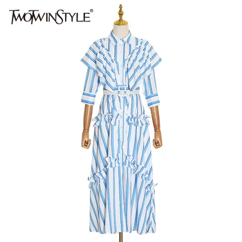 

TWOTWINSTYLE Striped Hit Color Ruffles Dresses Female Lapel Collar Three Quarter High Waist With Sashes Dress Women Fashion Tide
