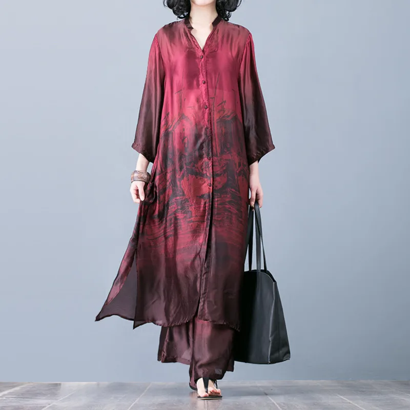 

TVVOVVIN Printed Long-sleeved Long Shirt Wide-leg Pants Silk Suit Casual Fashion Loose Plus Woman 2019 Autumn New C969