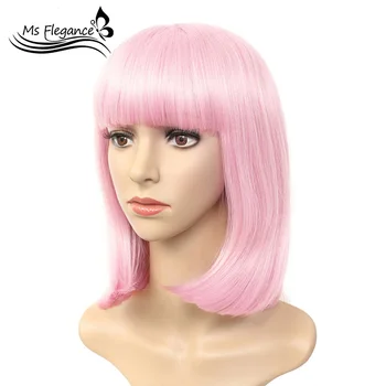 

MS Pink Wig 12''Short Bob Hair Wig Straight Bangs Short Hair Cosplay Synthetic Wig Natural as Real Hair with Wig Cap Daily