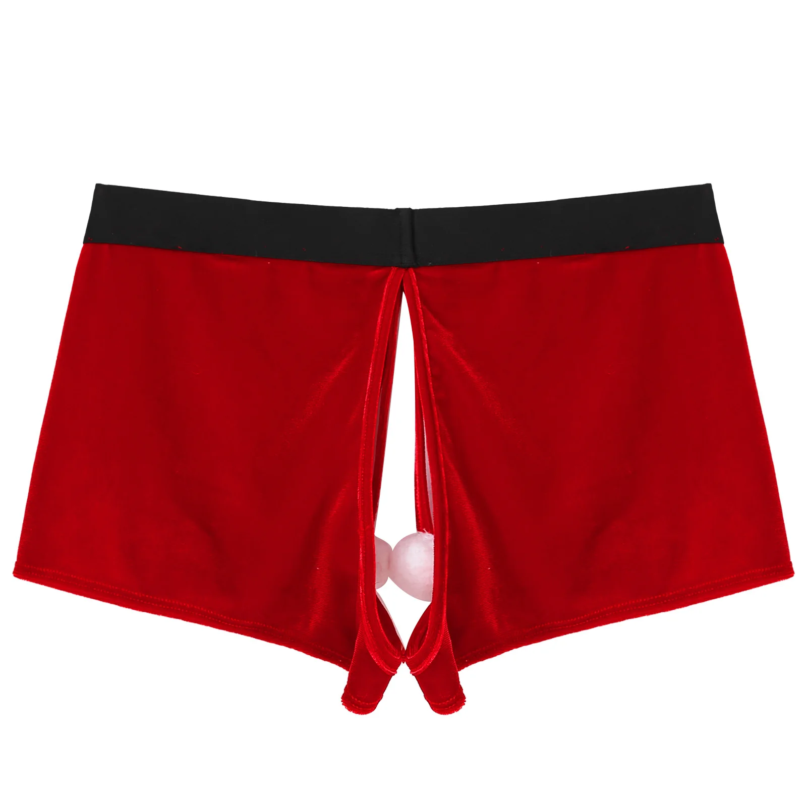 Men Christmas Velvet Panties Crotchless Boxer Shorts Fluffy Ball Sexy Lingerie Underwear Low Waist Elastic Waistband Underpants
